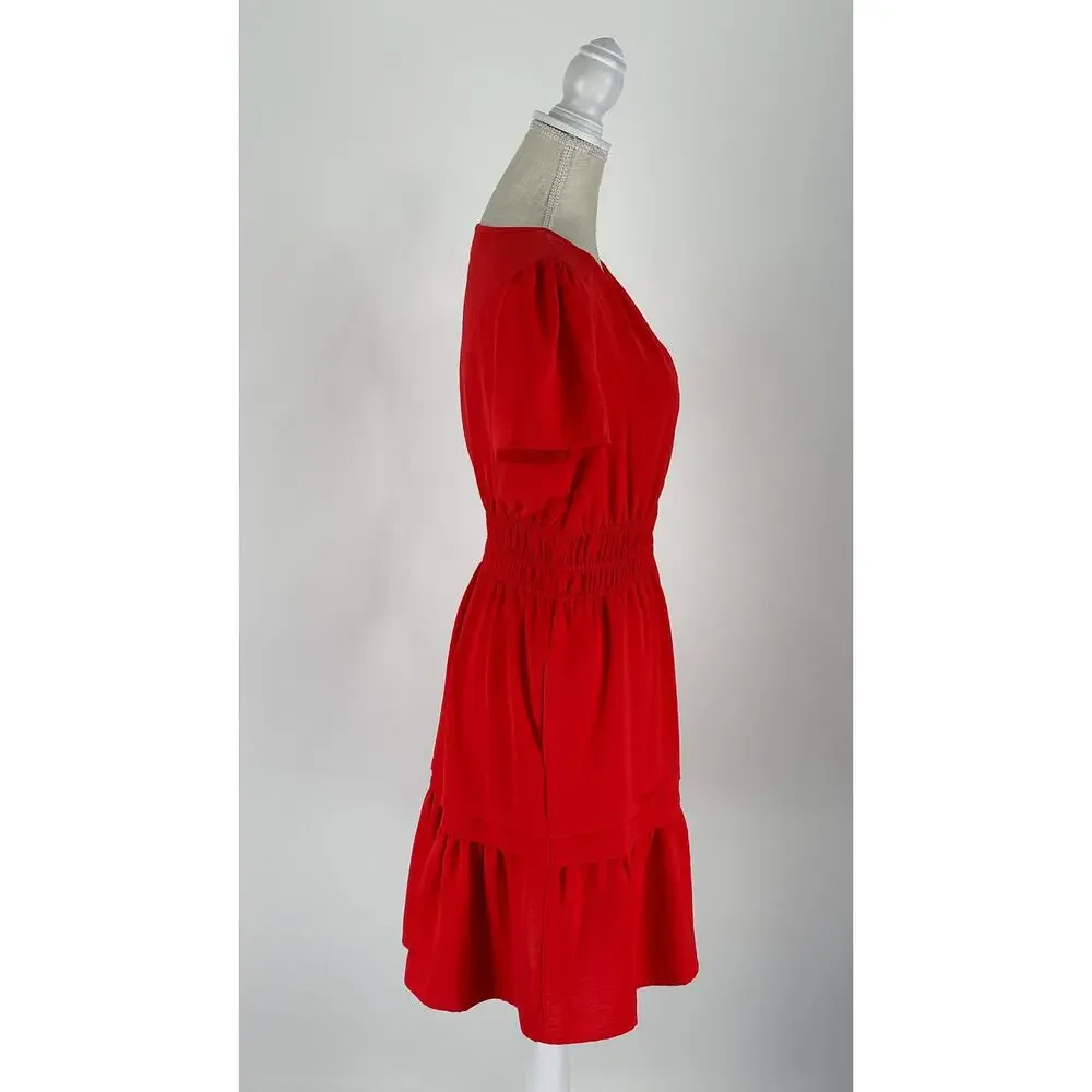 Tahari Arthur S Levine Short Sleeve Tiered Mini Dress Poppy Red Womens Small New - Picture 7 of 11